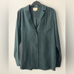 Sezane Dark Green Polka Dot Silk Button-Down Shirt